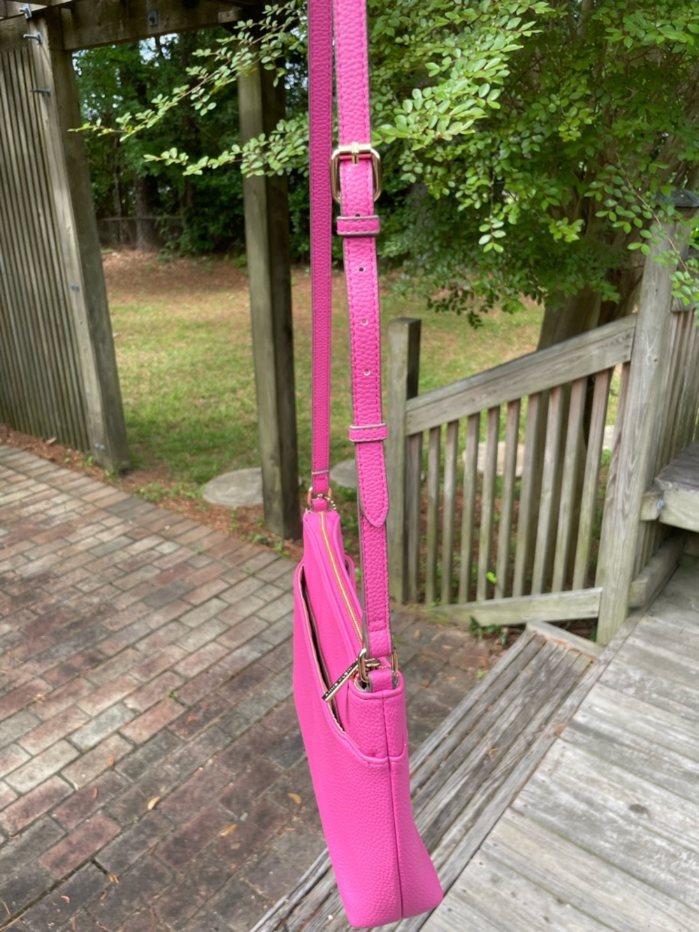 Anne Klein Hot Pink Pebbled Leather Crossbody with Gold-Tone Logo - Picture 10 of 12